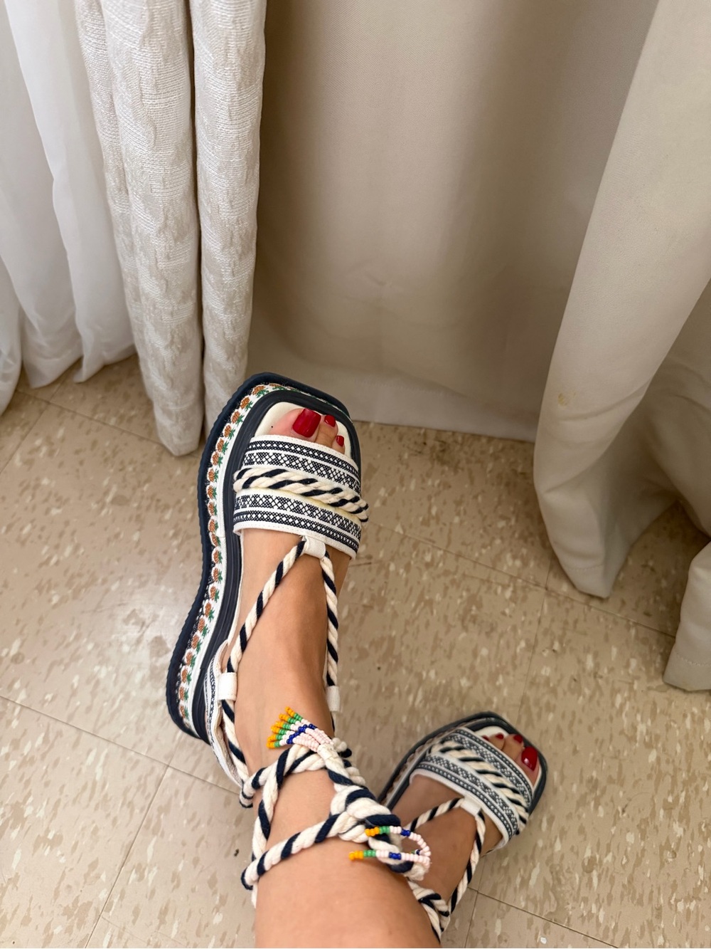 FARM Rio Cream and Navy Woven Rope Platform Sandal with Pineapple Trim - Picture 4 of 9